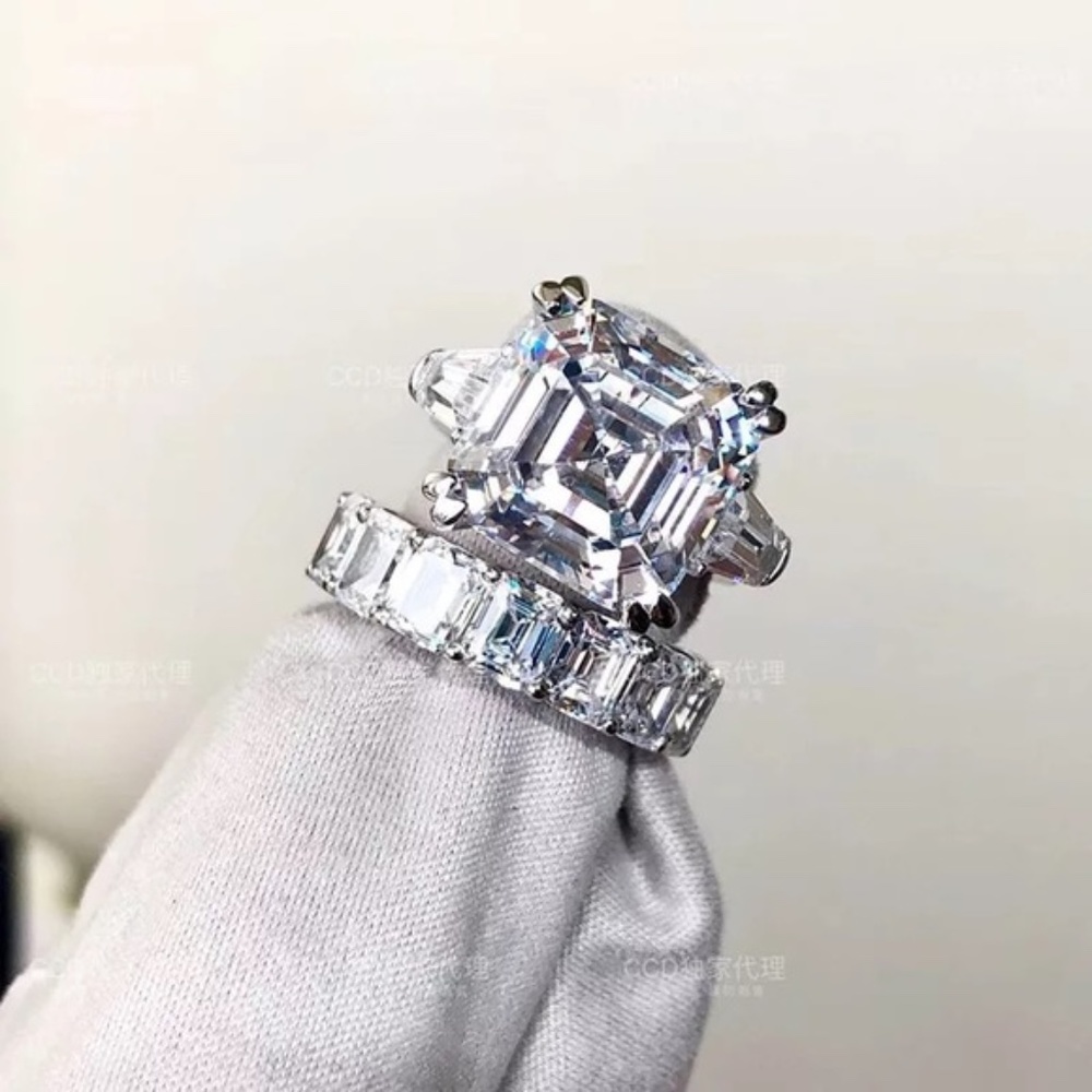 5.62-9.52Ct Three Stone Emerald Asscher White Sapphire Ring - Picture 5 of 15